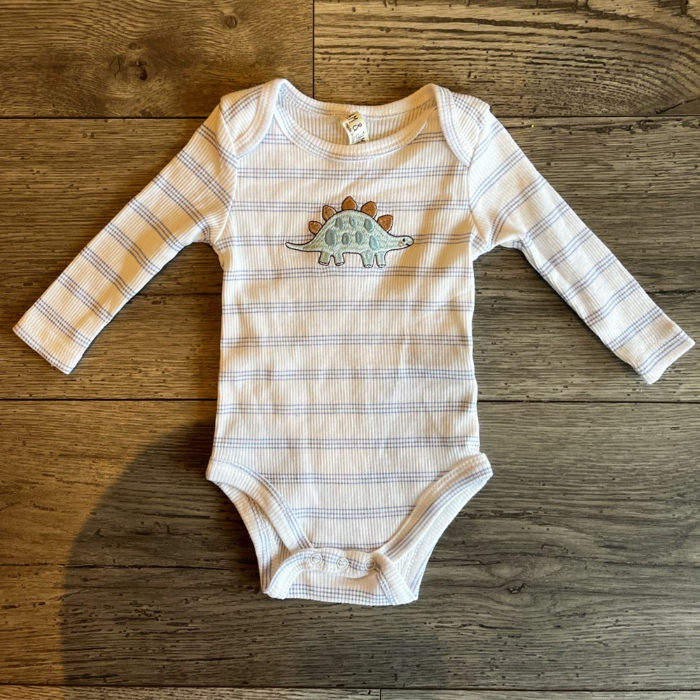 Liam & James Baby Boy Long Sleeve Onesie Dinosaur Stripe Embroidered 0-3 Month